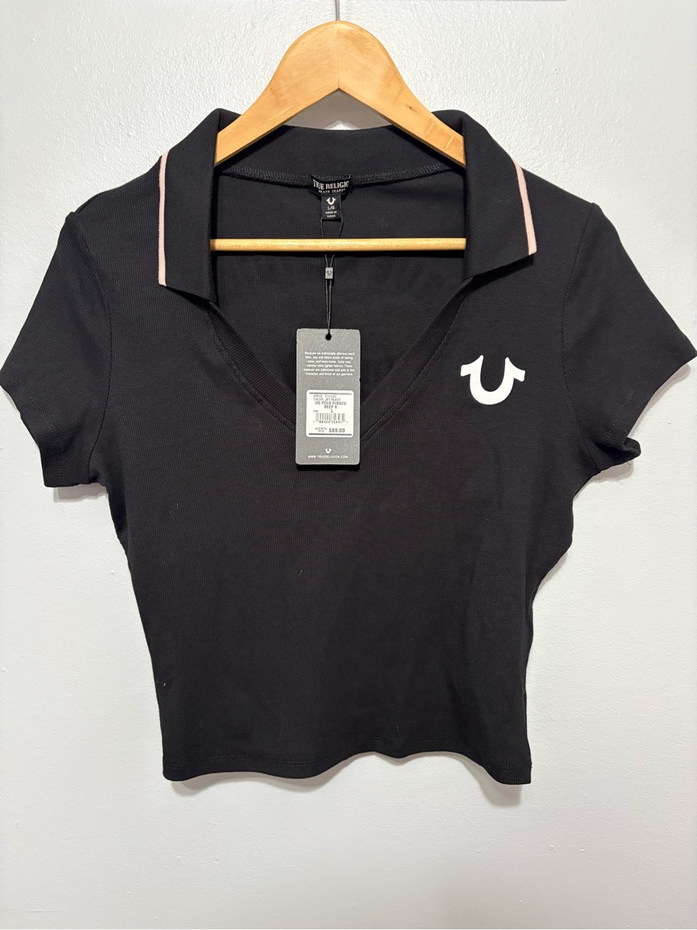 True Religion Black Crop Polo Top with Pink Collar Trim size L